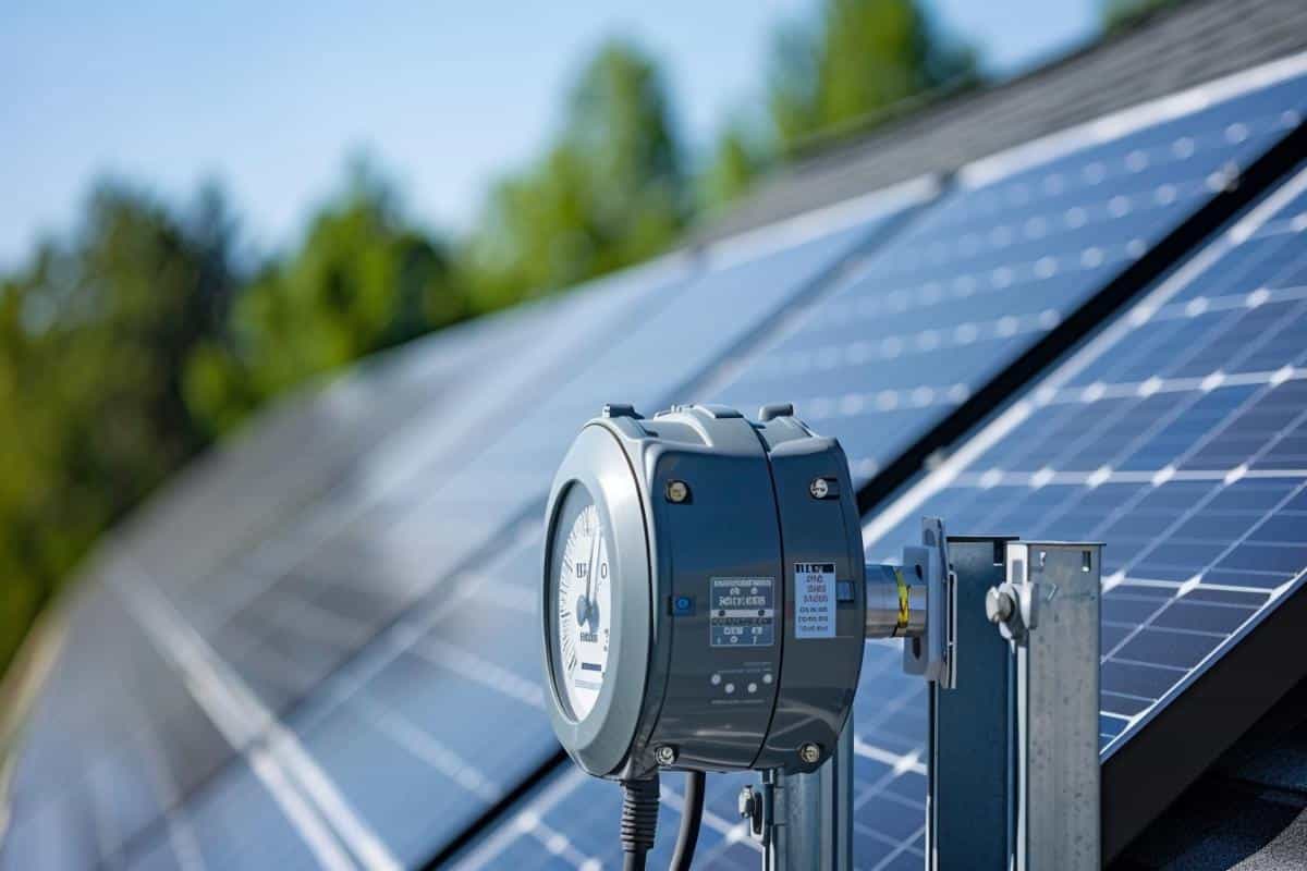 Compteur électrique devant des panneaux solaires